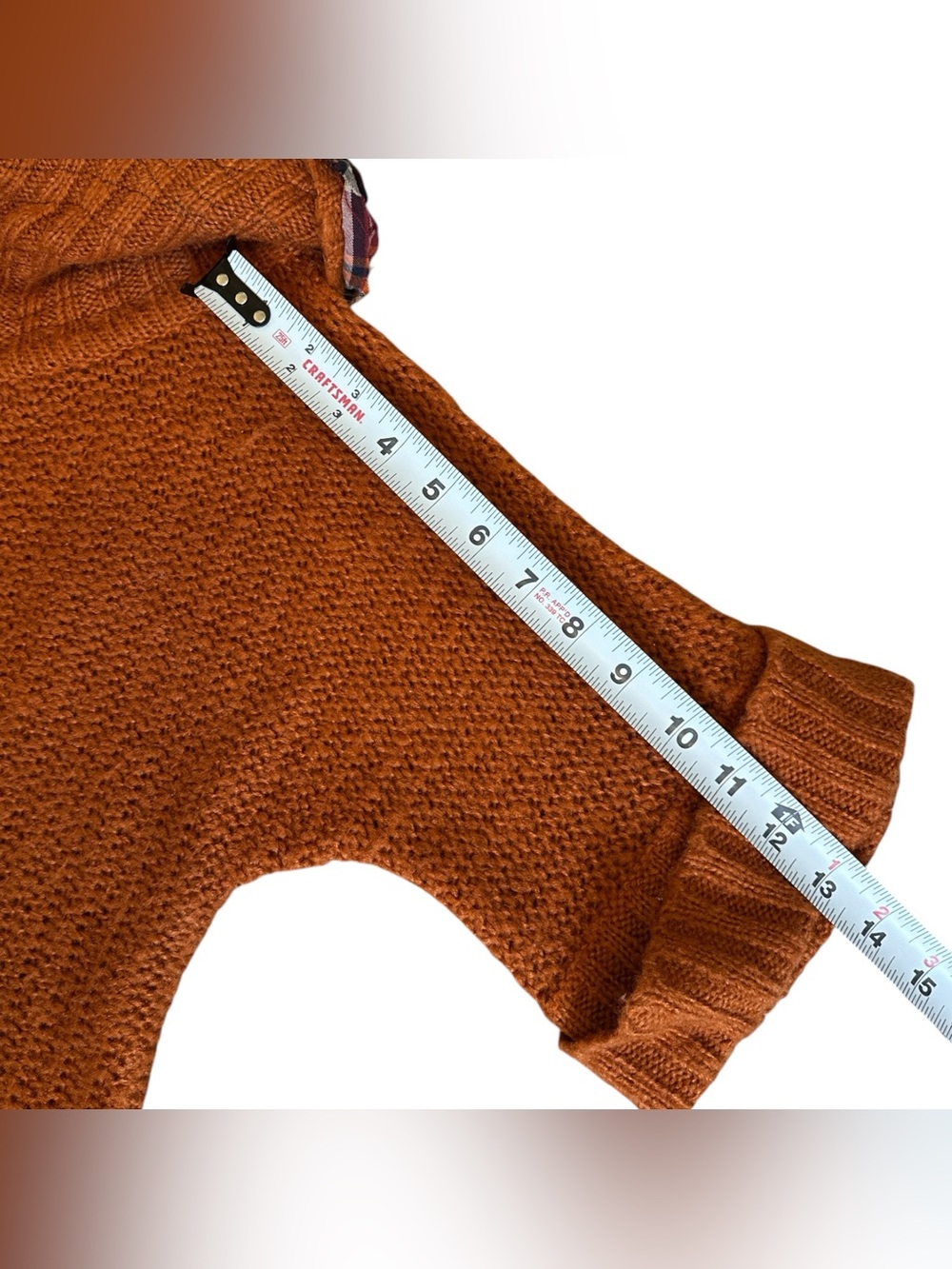 E-vie Orange Cable Knit Cardigan Upcycled Plaid Ruffle Collar Artsy OOAK Medium - Picture 7 of 9